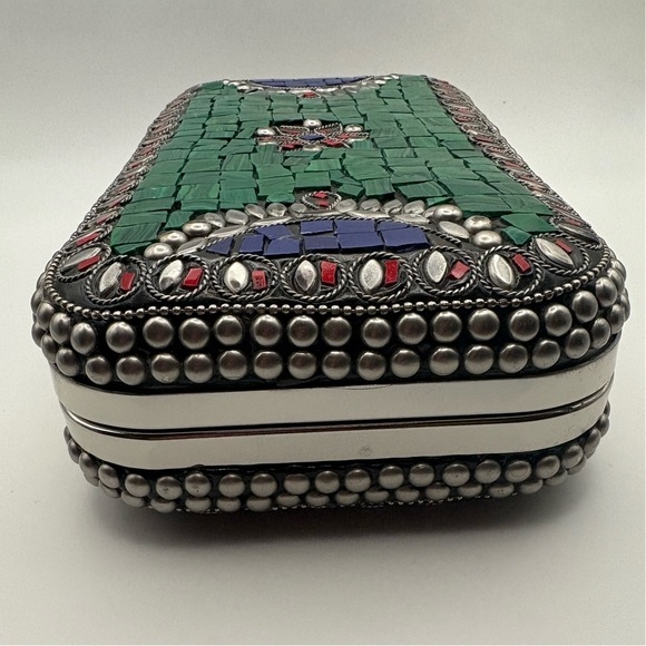Handmade Mosaic Stone Clutch – Green Red Blue Inlay – NEW Artisanal Evening Bag - Picture 9 of 10